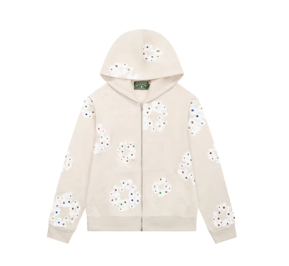 Denim Tears Rhinestone Cotton Wreath Zip Hoodie Oatmeal